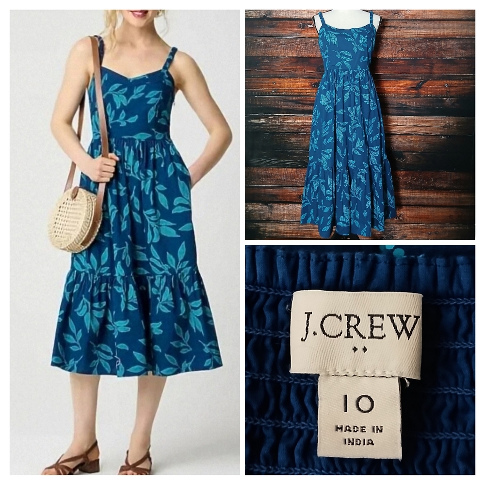 J Crew Dress 10 Midi Smocked Tiered Blue Teal Tropical Side Zip Cotton Pockets